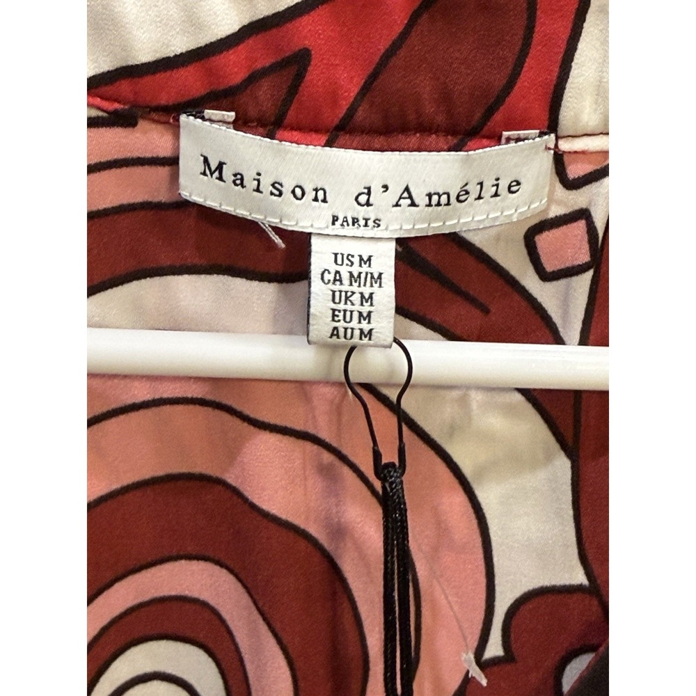 NWT Womens Maison D'Amelie Abstract Print‎ Satin Red Pink White Top Medium - Picture 3 of 4
